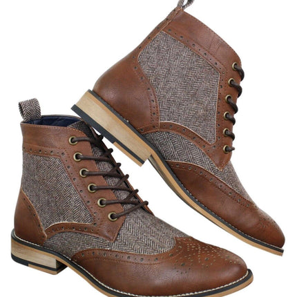 Mens Classic Tweed Oxford Ankle Boots In Brown Leather