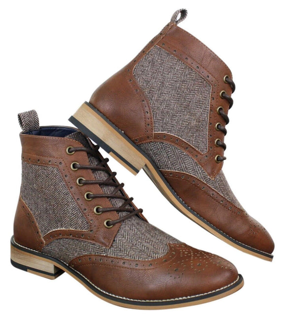 Mens Classic Tweed Oxford Ankle Boots In Brown Leather