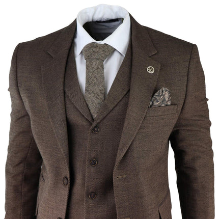 Mens Brown 3 Piece Tweed Herringbone Suit Peaky Blinders Classic Tailored