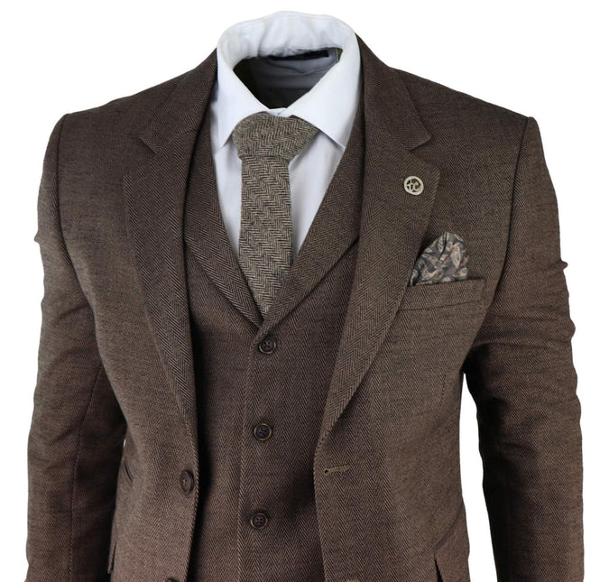 Mens Brown 3 Piece Tweed Herringbone Suit Peaky Blinders Classic Tailored