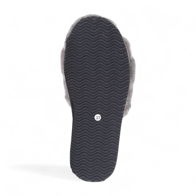 Women's Sheepskin Slippers Grey Warm Winter Fur Sliders - Nordic