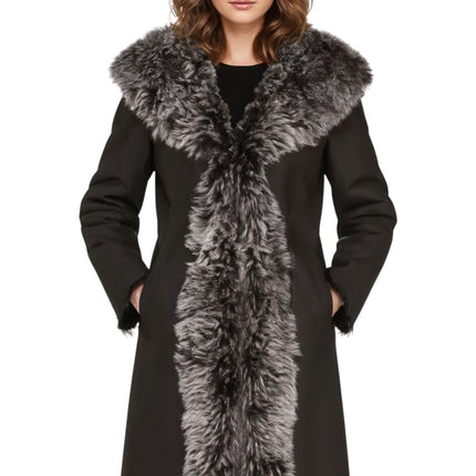 Womens Black Toscana Sheepskin Leather Hooded Trench Coat - Coast