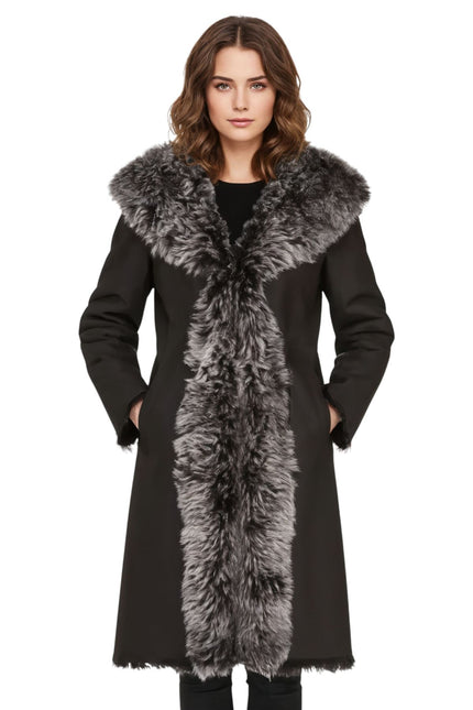 Womens Black Toscana Sheepskin Leather Hooded Trench Coat - Coast