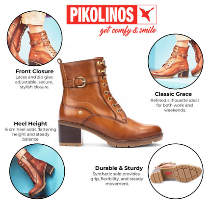 Pikolinos Women’s Brandy Brown Leather Mid-Heel Combat Ankle Boots - Llanes