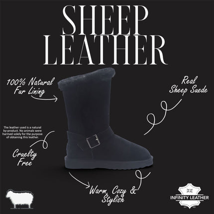 Women's Black Genuine Sheepskin Suede Calf Winter Warm Boots - Redwood