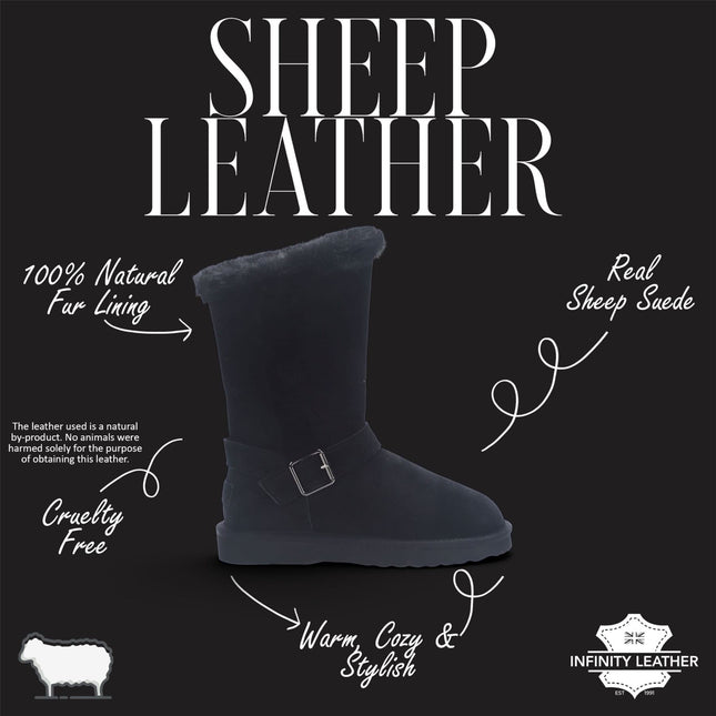 Women's Black Genuine Sheepskin Suede Calf Winter Warm Boots - Redwood