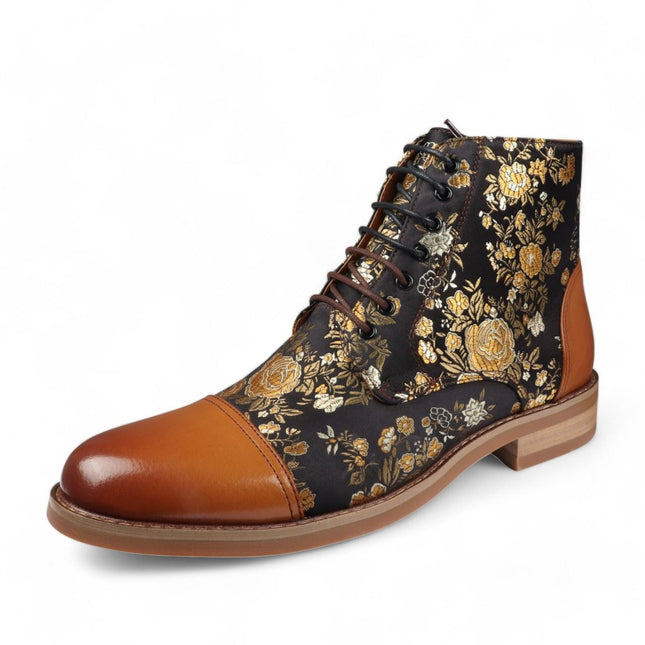 Justin Reess Men's Brown Floral Print Leather Oxford Ankle Boots - Adam