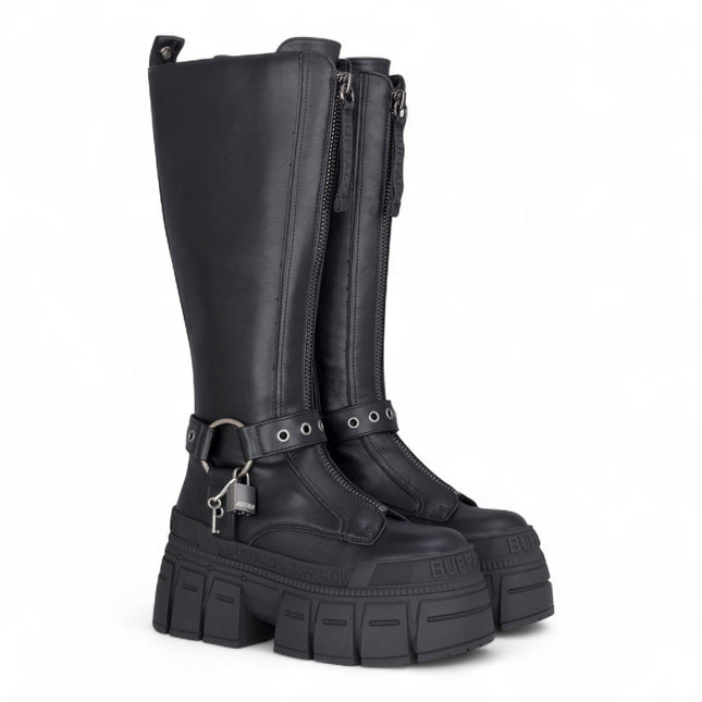 Buffalo Womens Biker Knee High Black Chunky Goth Platform Boots - Gospher Hi