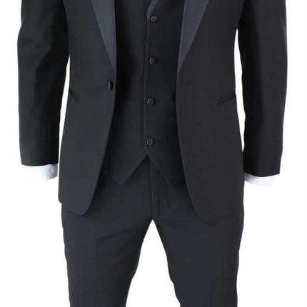 Mens 3 Piece Black Tuxedo Suit Classic Satin Dinner Tailored Fit Wedding Prom