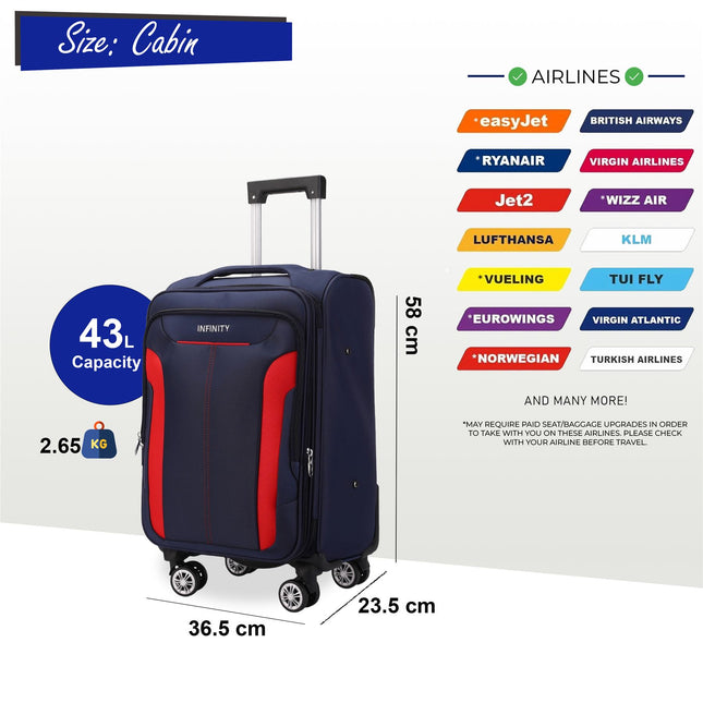 Soft Cabin Suitcase 36.5 x 23.5 x 58 cm Nylon 900D Suitable Integrated Lock for Easyjet, Ryanair, Wizzair