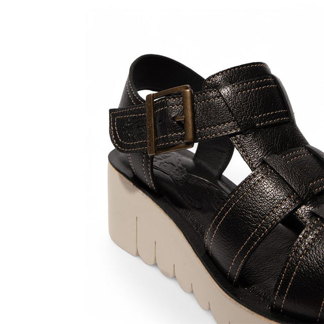 Fly London Women's Yudd236Fly Black Mousse Leather Wedge Sandals