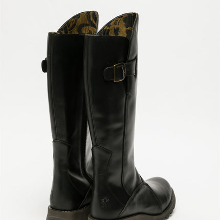 Fly London Womens Black Mol 2 Leather Wedge Heel Knee High Zip Up Boots