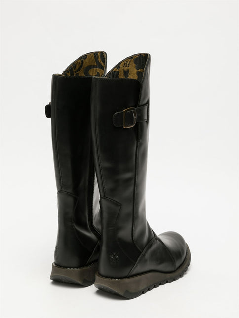 Fly London Womens Black Mol 2 Leather Wedge Heel Knee High Zip Up Boots