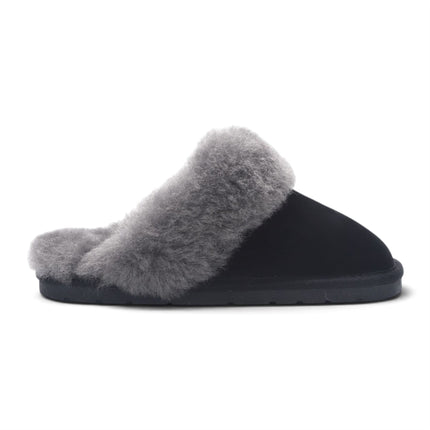 Women's Genuine Sheepskin Black Suede Mule Winter Slippers - Luna