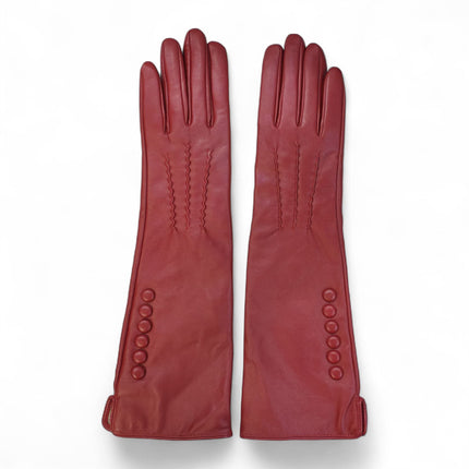 Womens Long Red Italian Leather Winter Button Design Soft Wool Lining Gloves - L-GLV-201