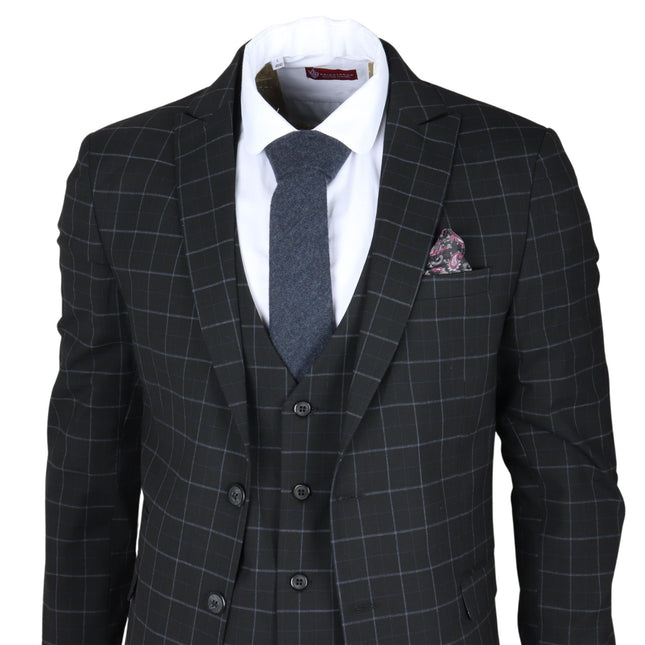Men's Black Checked 3 Piece Suit Tailored Fit