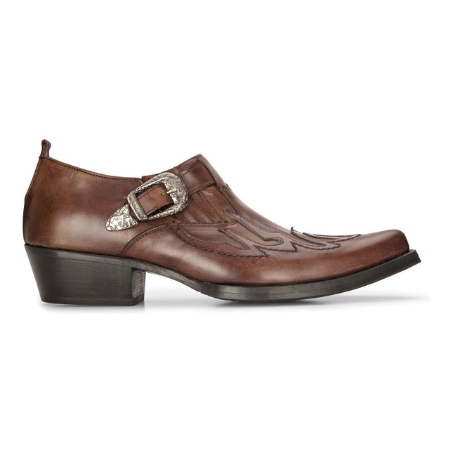 Men's Leather Western Shoes Brown Cuban Cowboy Winklepickers Classic Buckle Shoe
