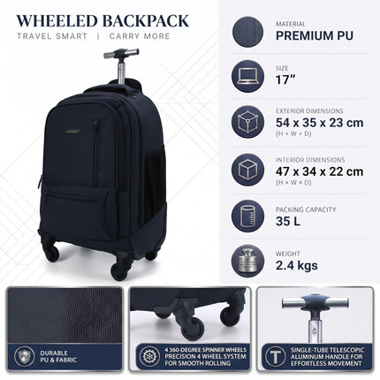 19" Black Wheeled Laptop Backpack Premium PU 4 Wheel Trolley Rucksack