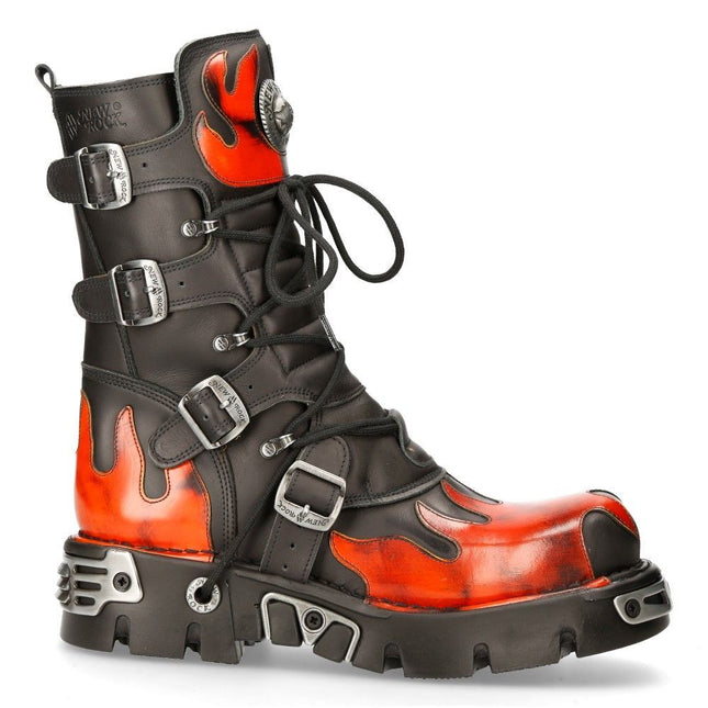 New Rock Flame Accented Black/Red Leather Boots - 591-S1