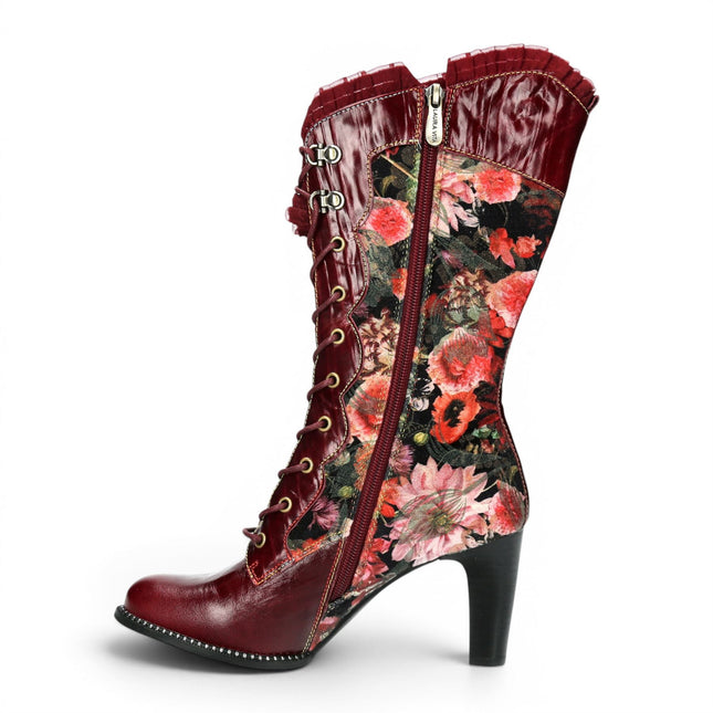 Laura Vita Floral Womens Goth Victorian Red Leather Heeled High Boots - Alcbane-351