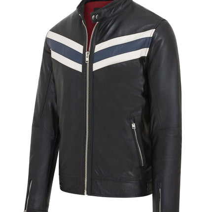 Men's Black Striped Café Racer Biker Leather Motorcycle Jacket