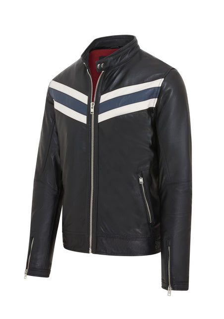 Men's Black Striped Café Racer Biker Leather Motorcycle Jacket