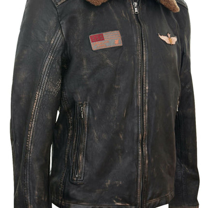 Mens Badged Vintage Black Leather Bomber Jacket-Tunis