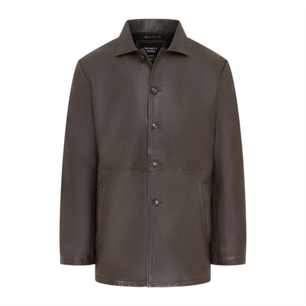 Men's Brown Leather Long Collared Car Coat Jacket - Berry