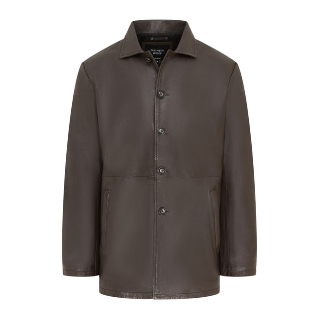 Men's Brown Leather Long Collared Car Coat Jacket - Berry