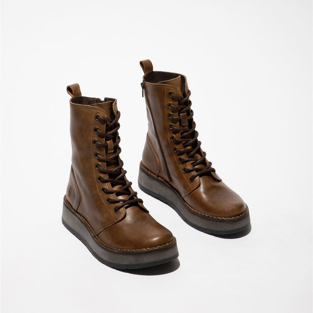 Fly London Womens Tan Rami043 Casual Leather Lace-Up Ankle Dress Boots
