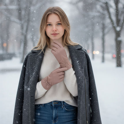 Womens Nude Beige Italian Leather Winter Bow Design Soft Wool Lining Gloves - L-GLV-401