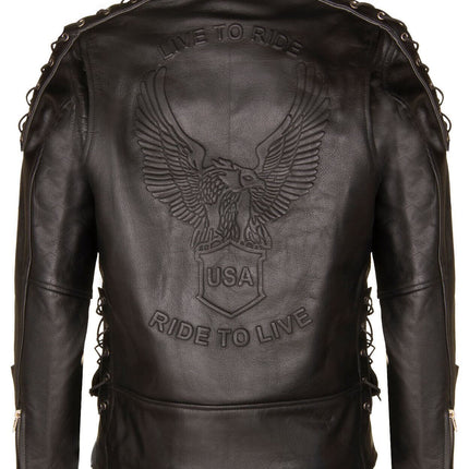 Mens Embossed Brando Leather Biker Jacket-Chicago