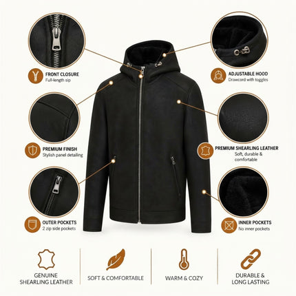 Mens Black Sheepksin Hooded Shearling Bomber Jacket - Benalla