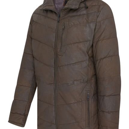 Men's Brown Leather Quilted Jacket Hooded Puffer Winter Coat - Olyic