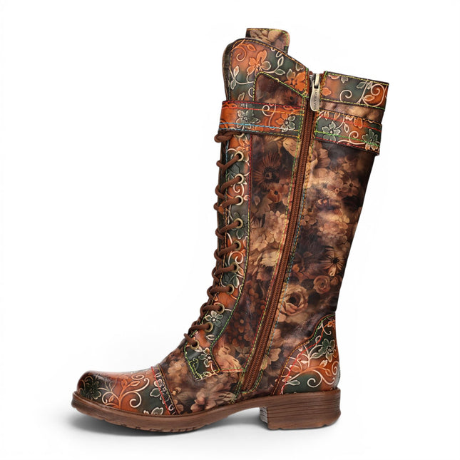 Laura Vita Women's Tan Floral Victorian Leather High Combat Long Boots - Anitao-21