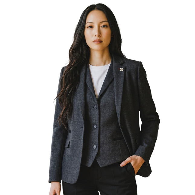 Women's Black Herringbone Wool Tweed Blazer Waistcoat 2 Piece Set - WS-1