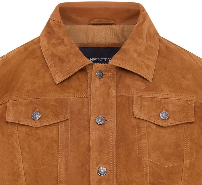 Mens Goat Suede Jeans Jacket Trucker Casual Denim Leather Shirt