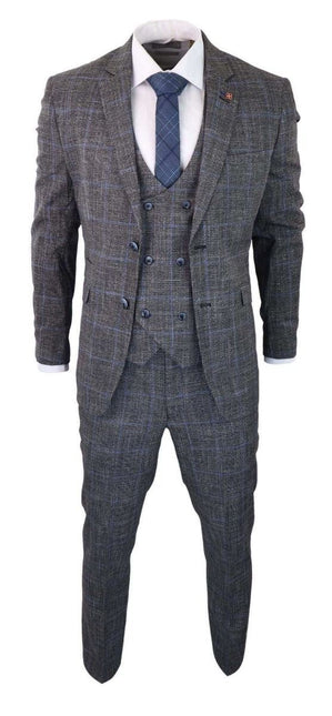 Mens 3 Piece Grey With Blue Check Tweed Vintage Classic Suit