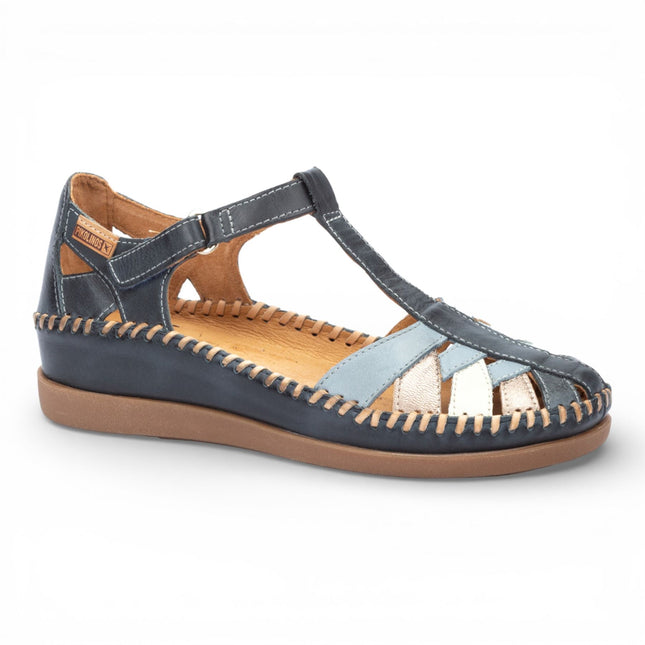 Pikolinos Women's Ocean Blue Leather Semi-Open Wedge Sandal Shoes - Cadaques