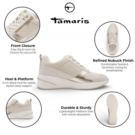Tamaris Women’s White Gold Platform Trainers Sneaker Zip Lace-Up Running Shoes