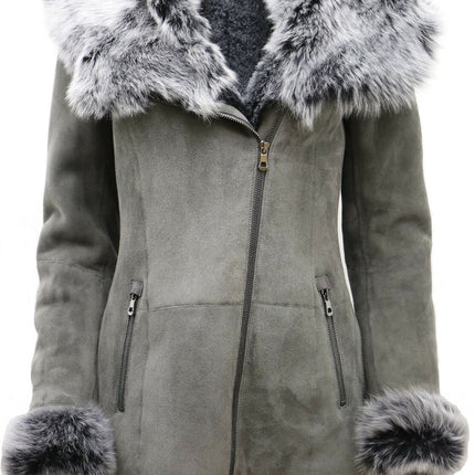 Womens Grey Suede Hooded Merino Sheepskin Coat-Monrovia