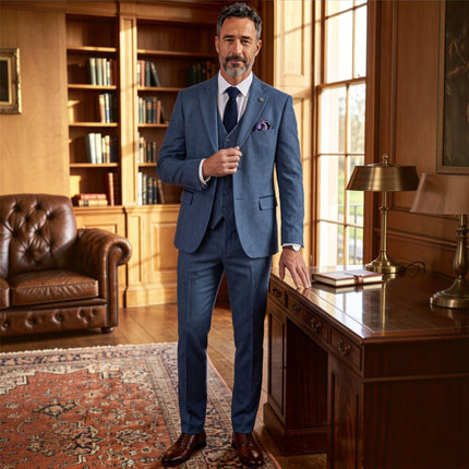 Men's Blue 3 Piece Tweed Herringbone Formal Suit -  IM4