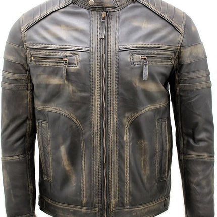 Men's Vintage Black Leather Biker Jacket-Naples