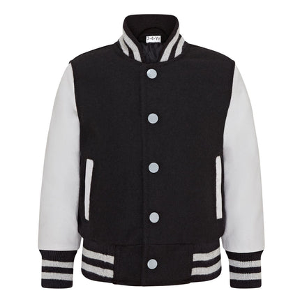 Kids Black Wool Varsity Bomber Jacket with Real Leather Sleeves