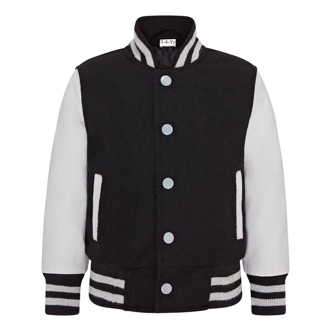 Kids Black Wool Varsity Bomber Jacket with Real Leather Sleeves