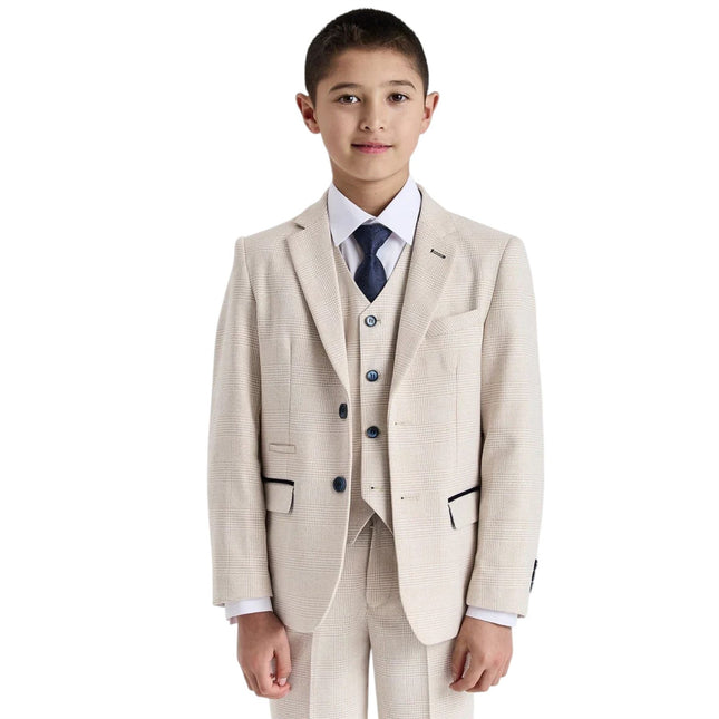 Boys Cream 3 Piece Check Formal Suit - Regent