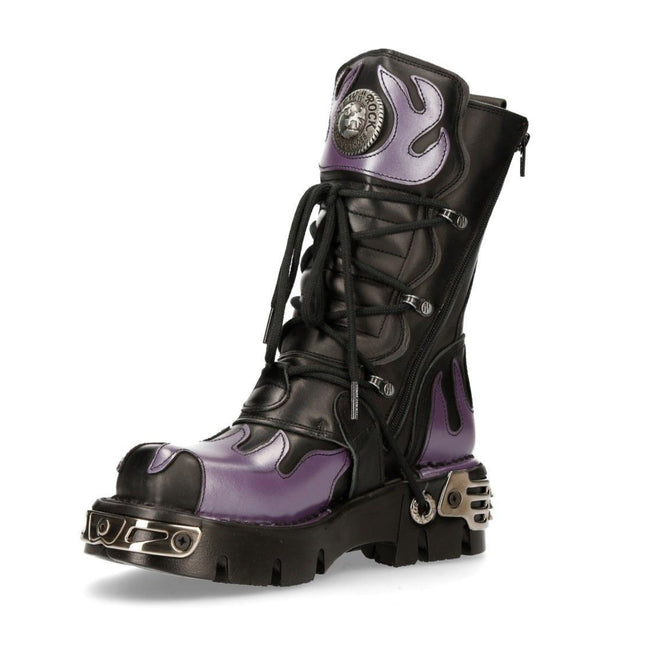 New Rock Flame Accented Black/Red Leather Biker Skull Boots- M-591-S5