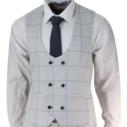 Mens 3 Piece Light Grey Check Tweed Vintage Retro Classic Suit