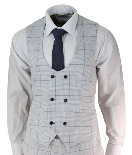 Mens 3 Piece Light Grey Check Tweed Vintage Retro Classic Suit