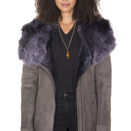 Womens Grey Suede Hooded Merino Sheepskin Coat-Monrovia